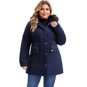 Plus Size Pockets Fleece Lined Windbreaker Fur Hood Winter Coat Navy Blue